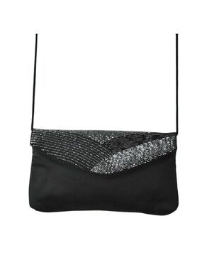 Cadaz Black Beaded Evening Bag Crossbody Clutch Flap Design Rope Prom Formal